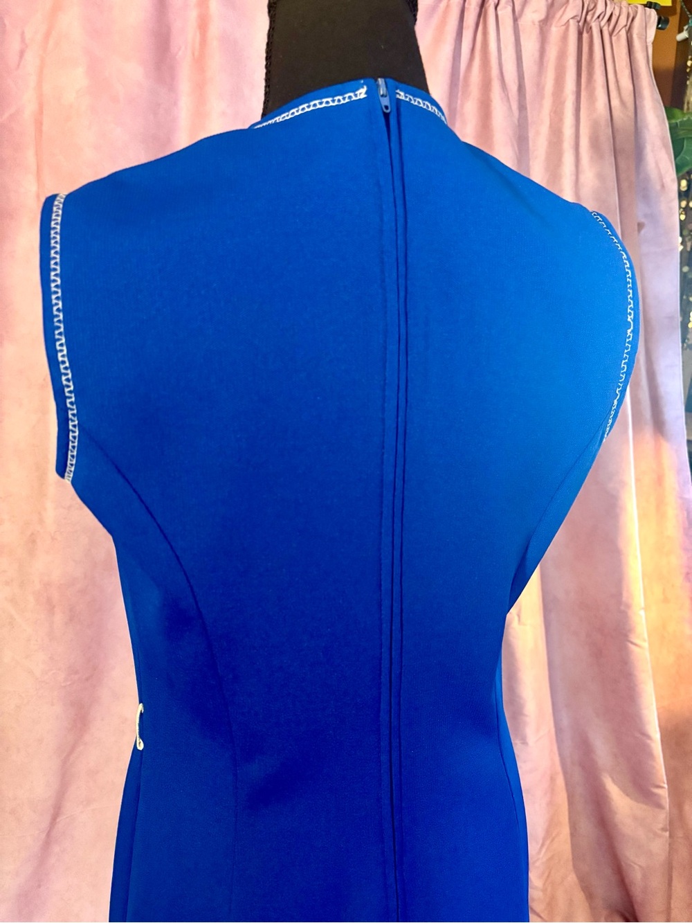 Vintage 60s 70s Butte Knit Royal Blue Mod Fit & Flare Dress Sleeveless Trim M/L - Picture 8 of 16